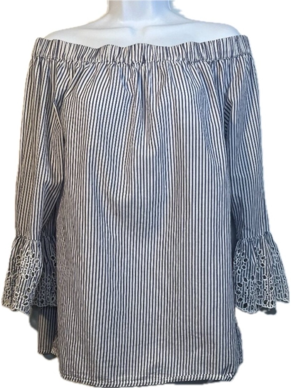 Blue and White Striped Off The Shoulder Blouse